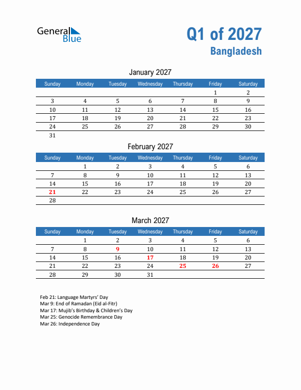 Bangladesh Q1 2027 Quarterly Calendar with Sunday Start