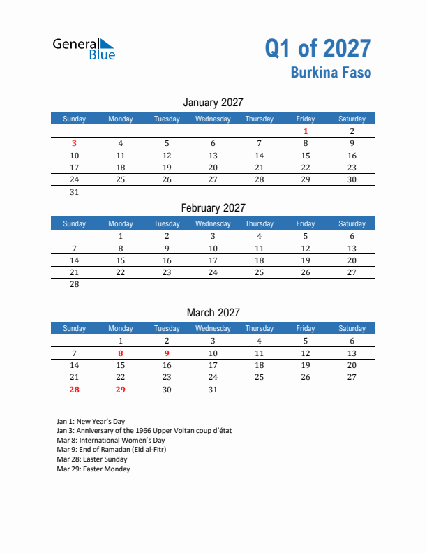 Burkina Faso Q1 2027 Quarterly Calendar with Sunday Start