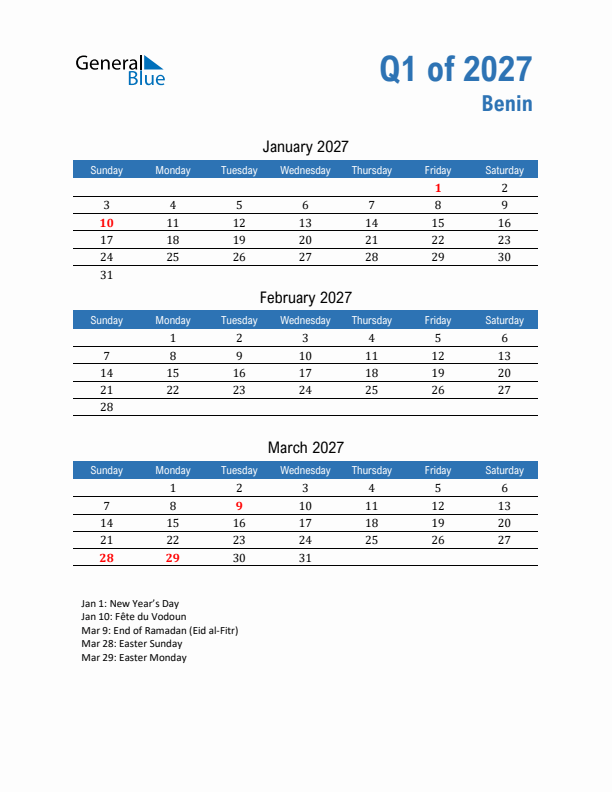 Benin Q1 2027 Quarterly Calendar with Sunday Start