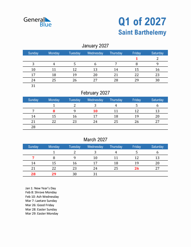 Saint Barthelemy Q1 2027 Quarterly Calendar with Sunday Start