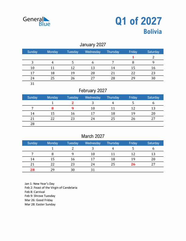 Bolivia Q1 2027 Quarterly Calendar with Sunday Start