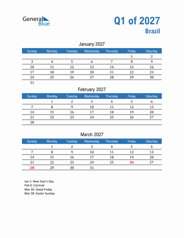 Brazil Q1 2027 Quarterly Calendar with Sunday Start