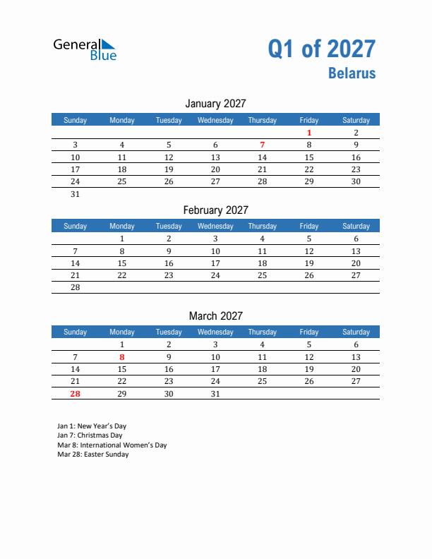 Belarus Q1 2027 Quarterly Calendar with Sunday Start