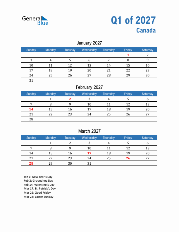 Canada Q1 2027 Quarterly Calendar with Sunday Start