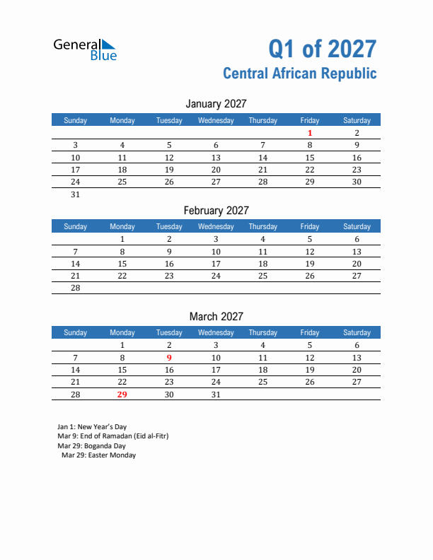 Central African Republic Q1 2027 Quarterly Calendar with Sunday Start