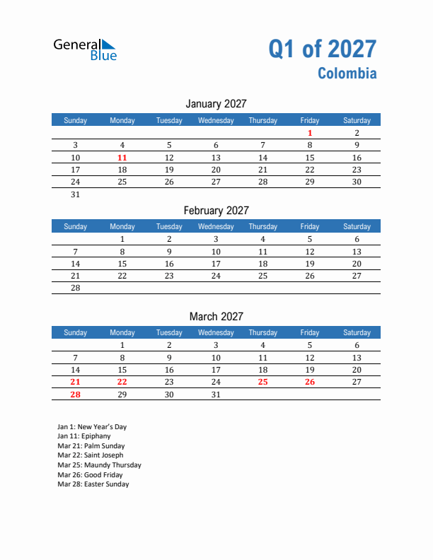 Colombia Q1 2027 Quarterly Calendar with Sunday Start