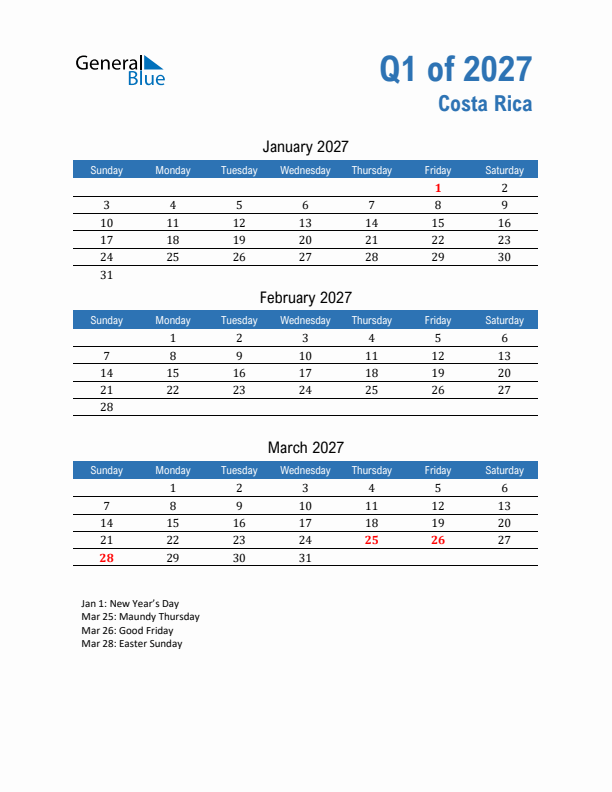 Costa Rica Q1 2027 Quarterly Calendar with Sunday Start