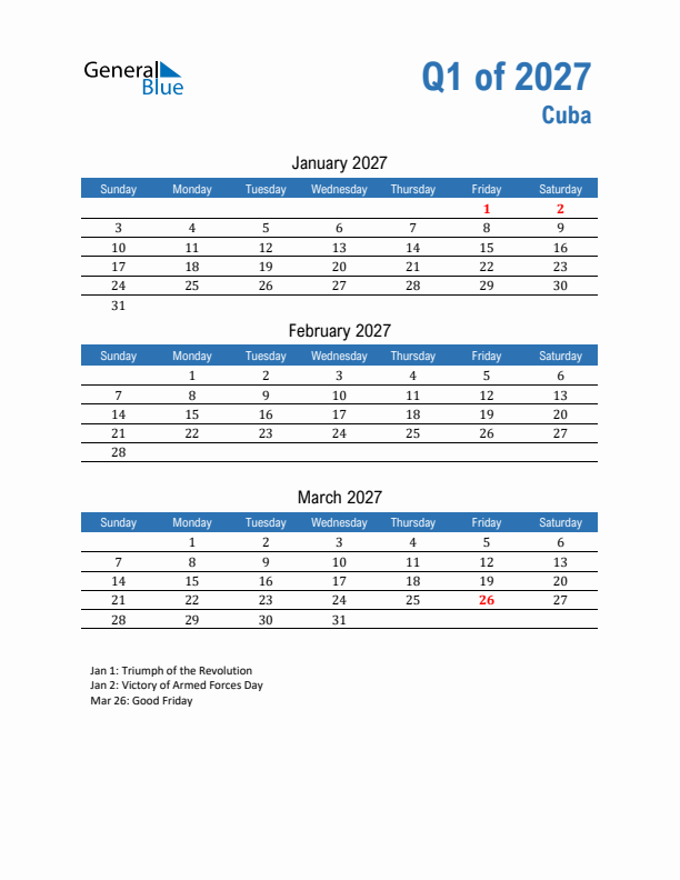 Cuba Q1 2027 Quarterly Calendar with Sunday Start