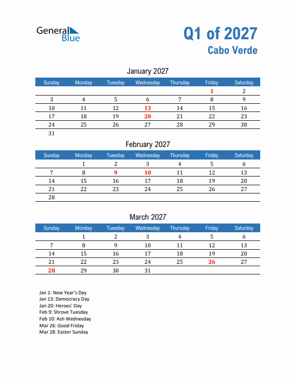 Cabo Verde Q1 2027 Quarterly Calendar with Sunday Start