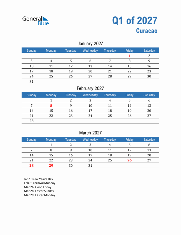 Curacao Q1 2027 Quarterly Calendar with Sunday Start