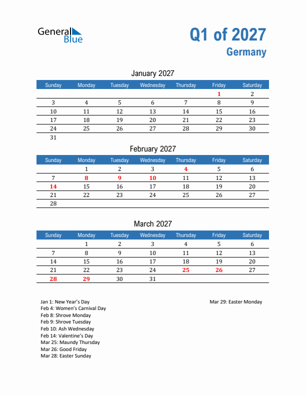 Germany Q1 2027 Quarterly Calendar with Sunday Start