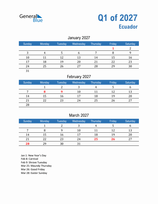 Ecuador Q1 2027 Quarterly Calendar with Sunday Start