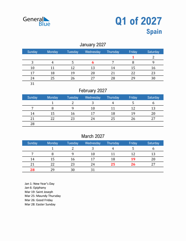 Spain Q1 2027 Quarterly Calendar with Sunday Start