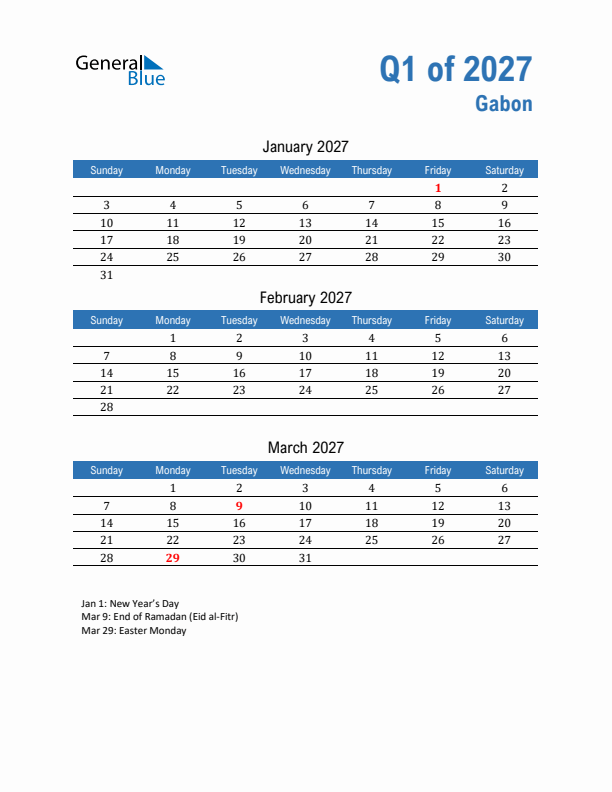 Gabon Q1 2027 Quarterly Calendar with Sunday Start