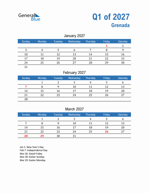 Grenada Q1 2027 Quarterly Calendar with Sunday Start