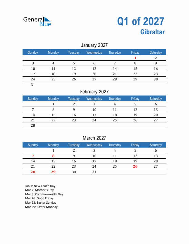 Gibraltar Q1 2027 Quarterly Calendar with Sunday Start