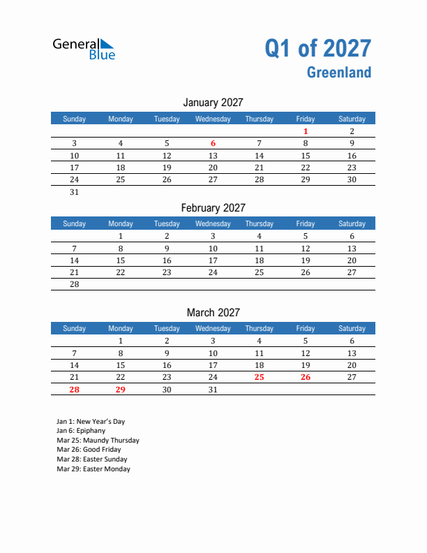 Greenland Q1 2027 Quarterly Calendar with Sunday Start