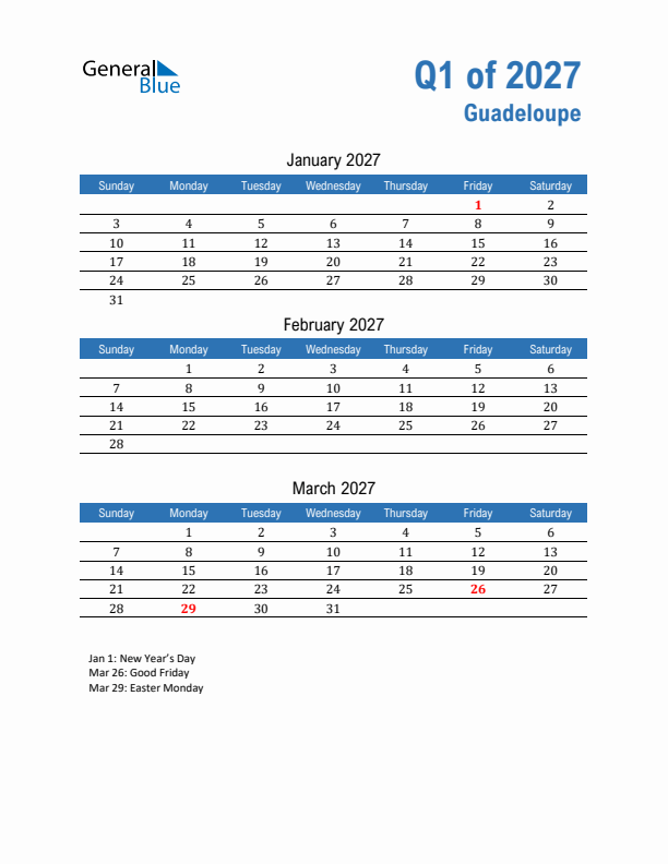 Guadeloupe Q1 2027 Quarterly Calendar with Sunday Start