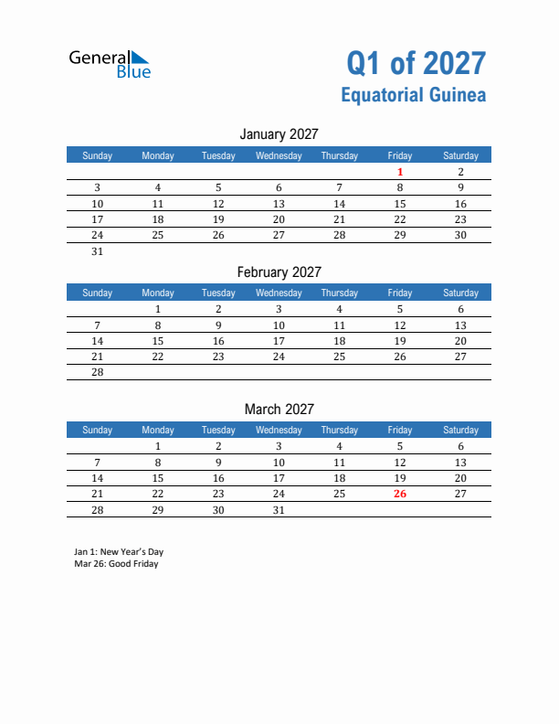 Equatorial Guinea Q1 2027 Quarterly Calendar with Sunday Start