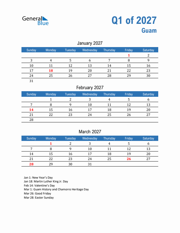 Guam Q1 2027 Quarterly Calendar with Sunday Start