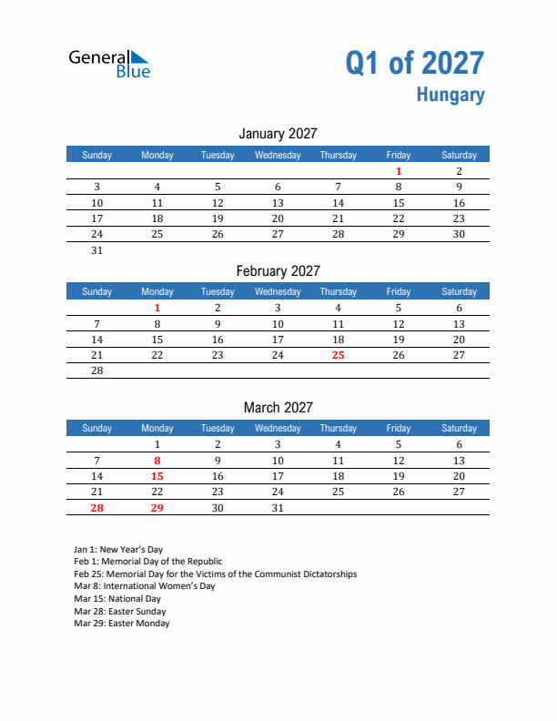 Hungary Q1 2027 Quarterly Calendar with Sunday Start