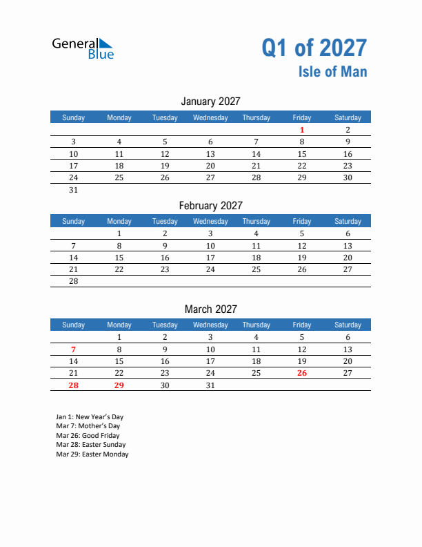 Isle of Man Q1 2027 Quarterly Calendar with Sunday Start