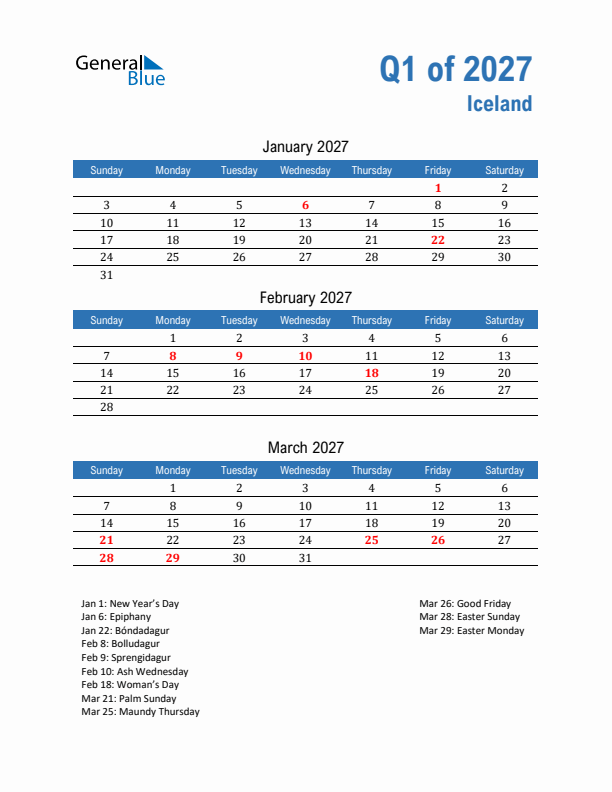 Iceland Q1 2027 Quarterly Calendar with Sunday Start