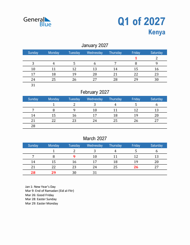 Kenya Q1 2027 Quarterly Calendar with Sunday Start