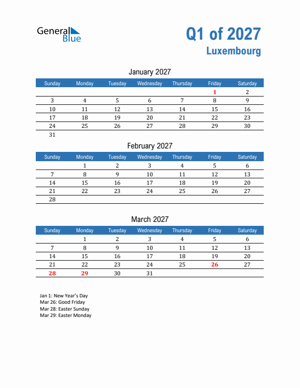 Luxembourg Q1 2027 Quarterly Calendar with Sunday Start