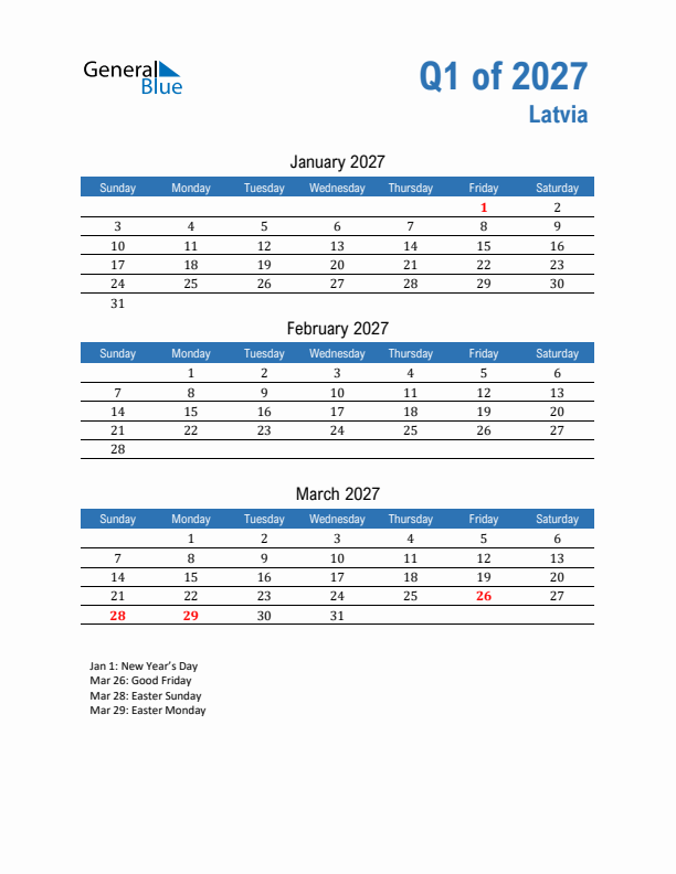 Latvia Q1 2027 Quarterly Calendar with Sunday Start