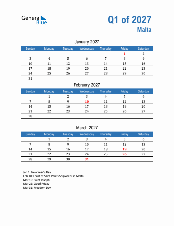 Malta Q1 2027 Quarterly Calendar with Sunday Start