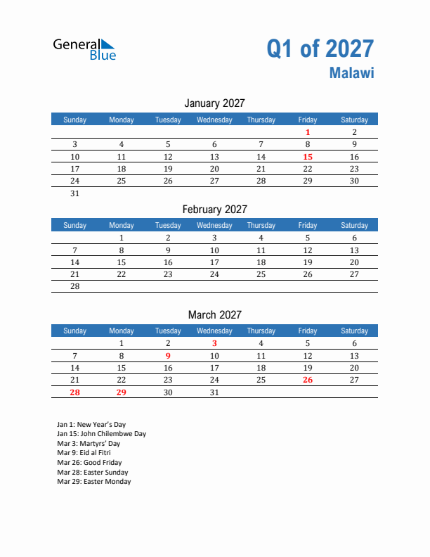 Malawi Q1 2027 Quarterly Calendar with Sunday Start