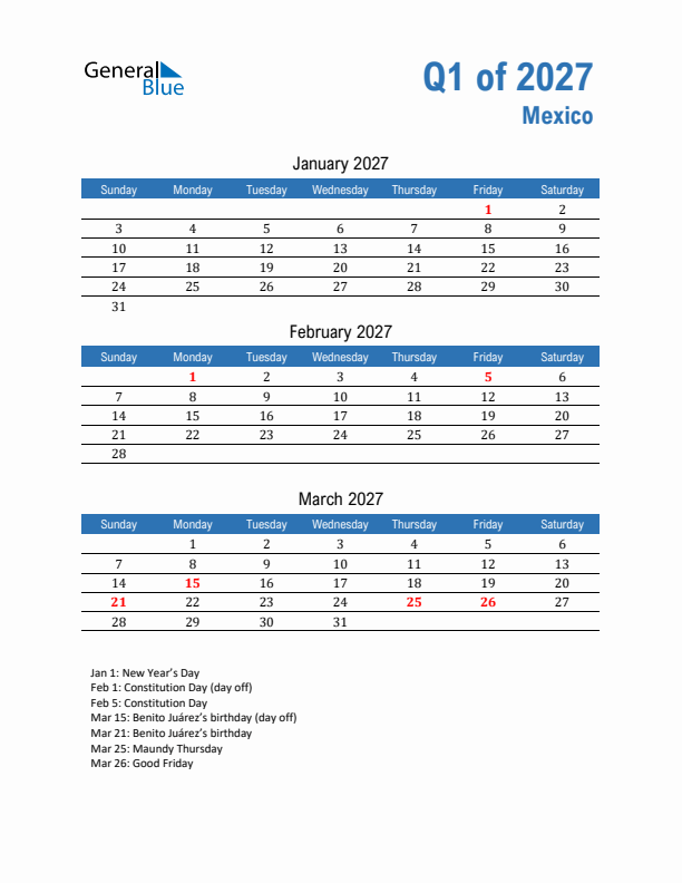 Mexico Q1 2027 Quarterly Calendar with Sunday Start