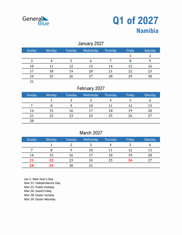 Namibia Q1 2027 Quarterly Calendar with Sunday Start