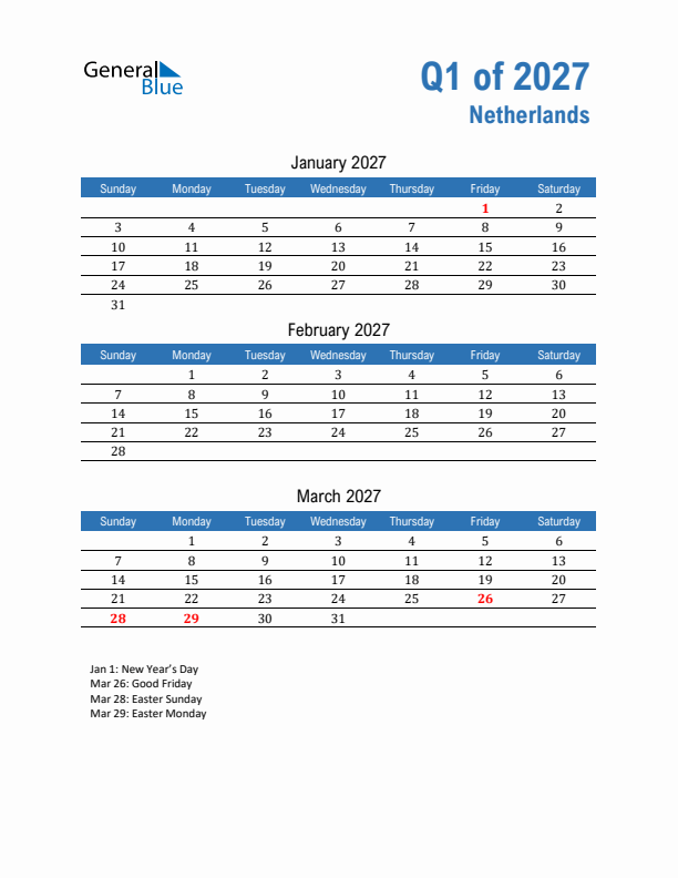 The Netherlands Q1 2027 Quarterly Calendar with Sunday Start