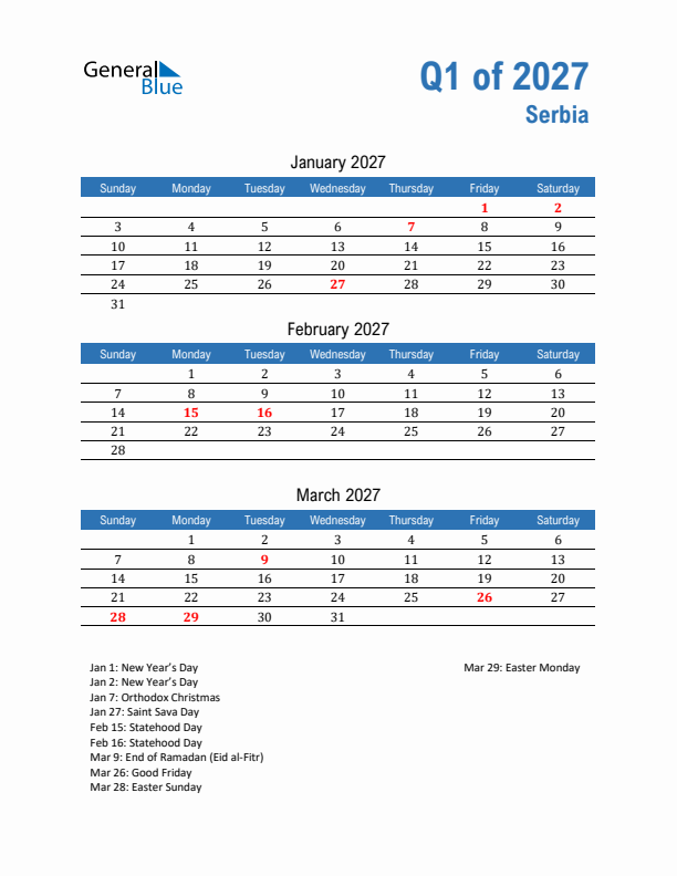 Serbia Q1 2027 Quarterly Calendar with Sunday Start