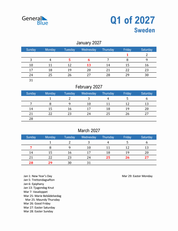 Sweden Q1 2027 Quarterly Calendar with Sunday Start