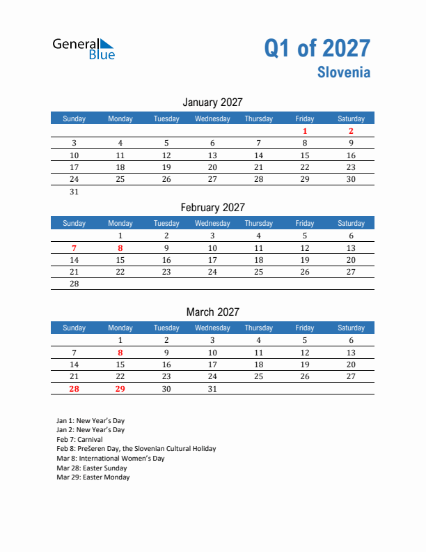 Slovenia Q1 2027 Quarterly Calendar with Sunday Start