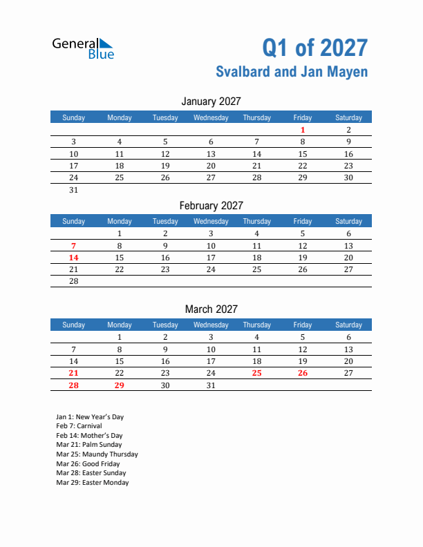 Svalbard and Jan Mayen Q1 2027 Quarterly Calendar with Sunday Start