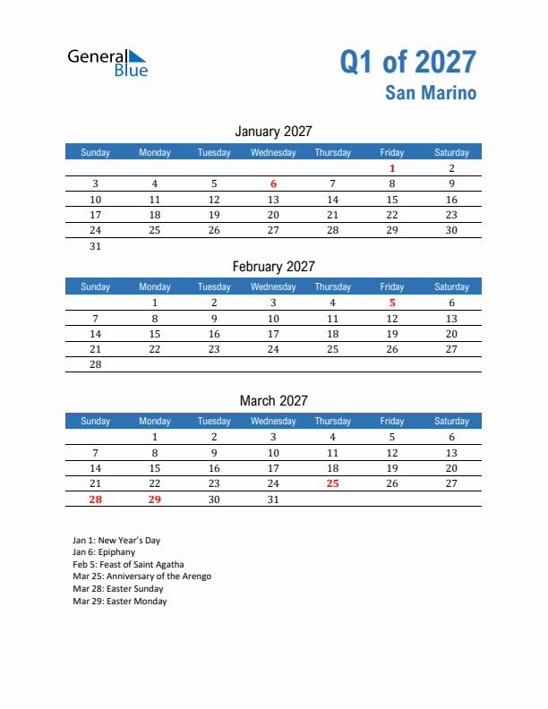 San Marino Q1 2027 Quarterly Calendar with Sunday Start