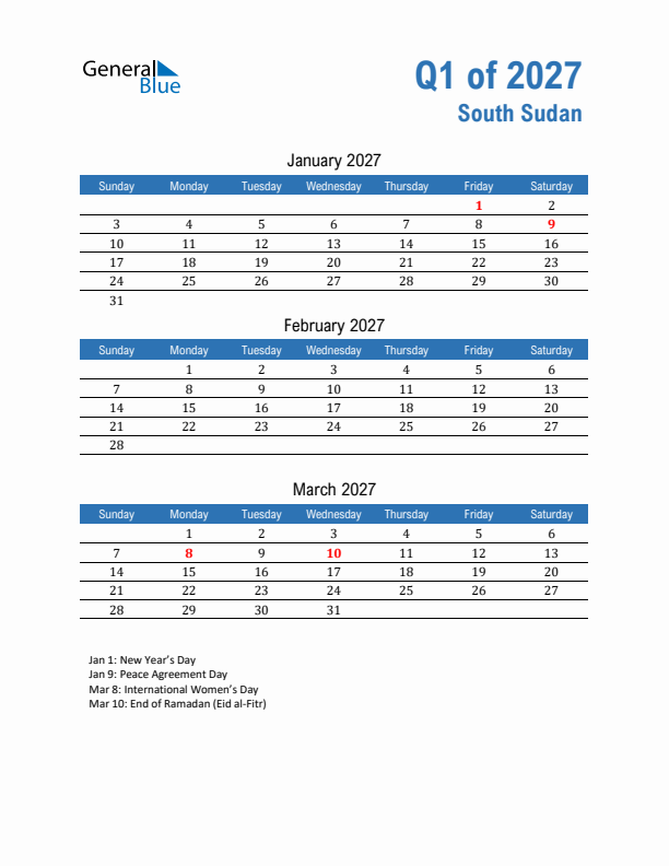 South Sudan Q1 2027 Quarterly Calendar with Sunday Start