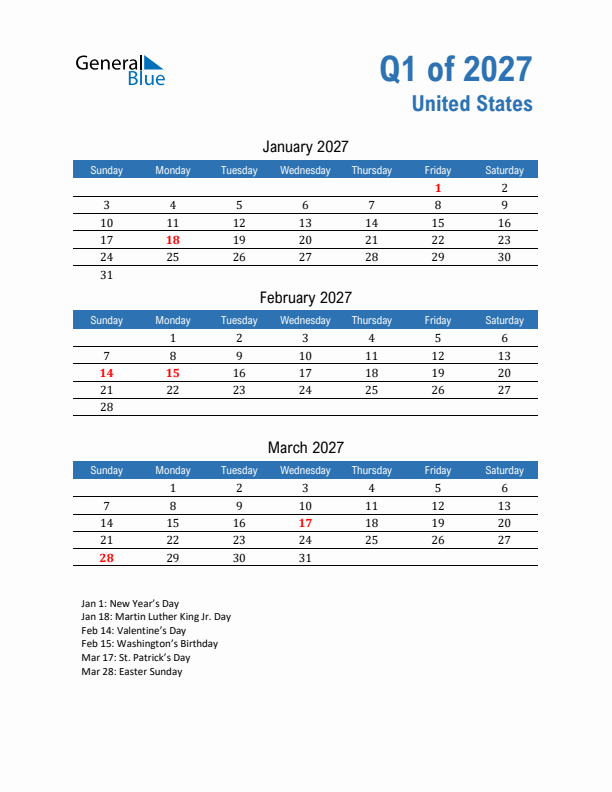 United States Q1 2027 Quarterly Calendar with Sunday Start