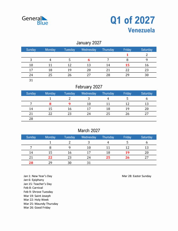 Venezuela Q1 2027 Quarterly Calendar with Sunday Start