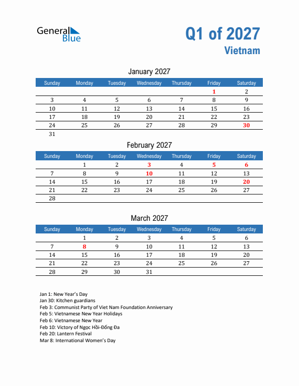 Vietnam Q1 2027 Quarterly Calendar with Sunday Start