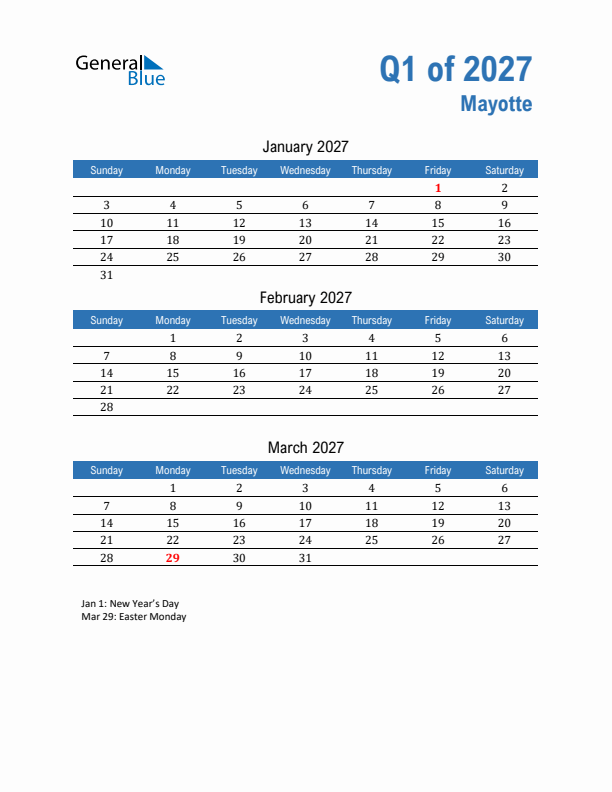 Mayotte Q1 2027 Quarterly Calendar with Sunday Start