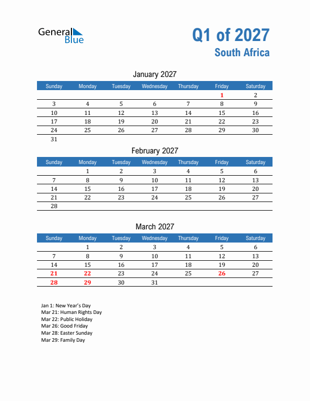 South Africa Q1 2027 Quarterly Calendar with Sunday Start