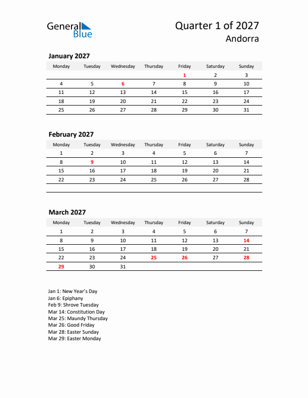 2027 Q1 Three-Month Calendar for Andorra