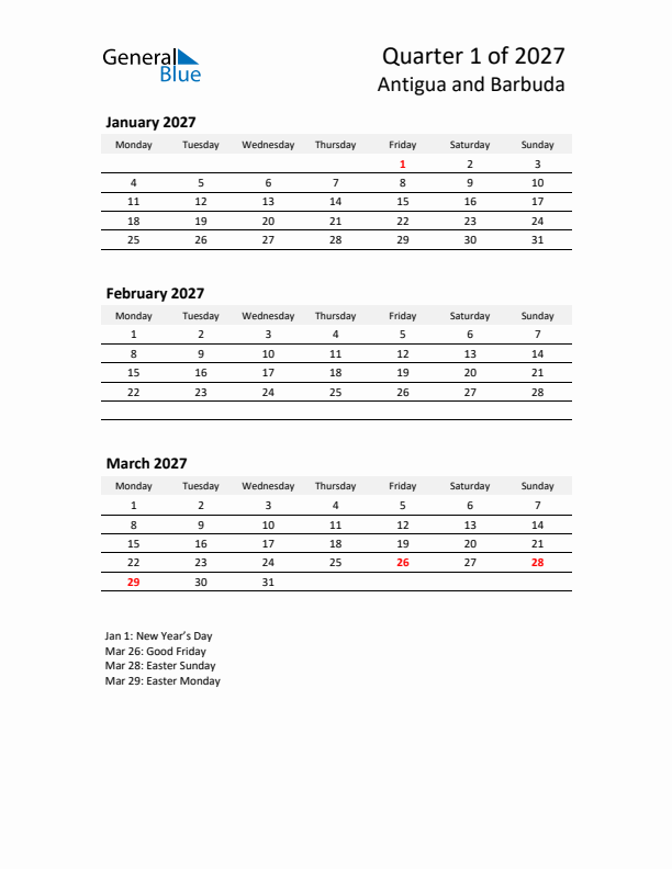 2027 Q1 Three-Month Calendar for Antigua and Barbuda