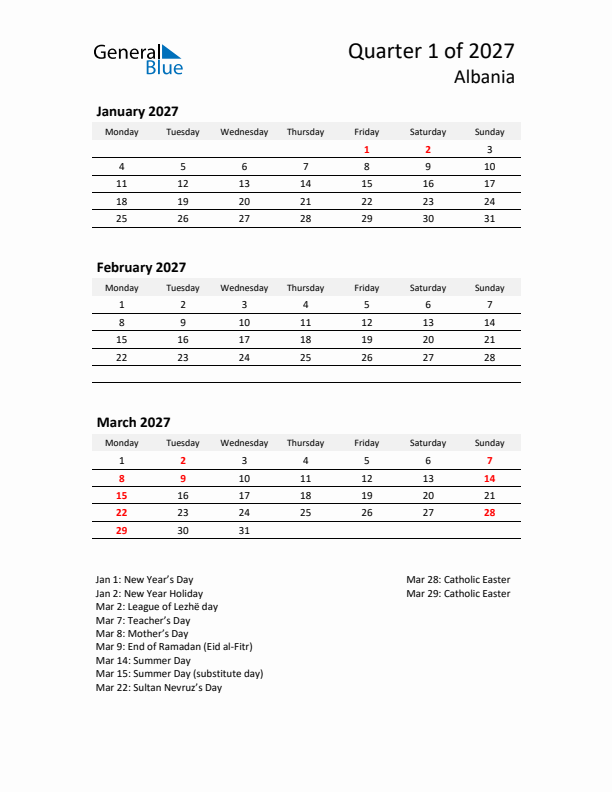 2027 Q1 Three-Month Calendar for Albania