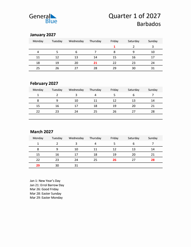 2027 Q1 Three-Month Calendar for Barbados